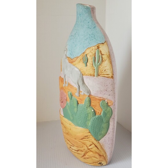 Southwestern Original 3d Studio Art Pottery Wolf Vase Floral Cactus Desert Decor - Picture 11 of 14